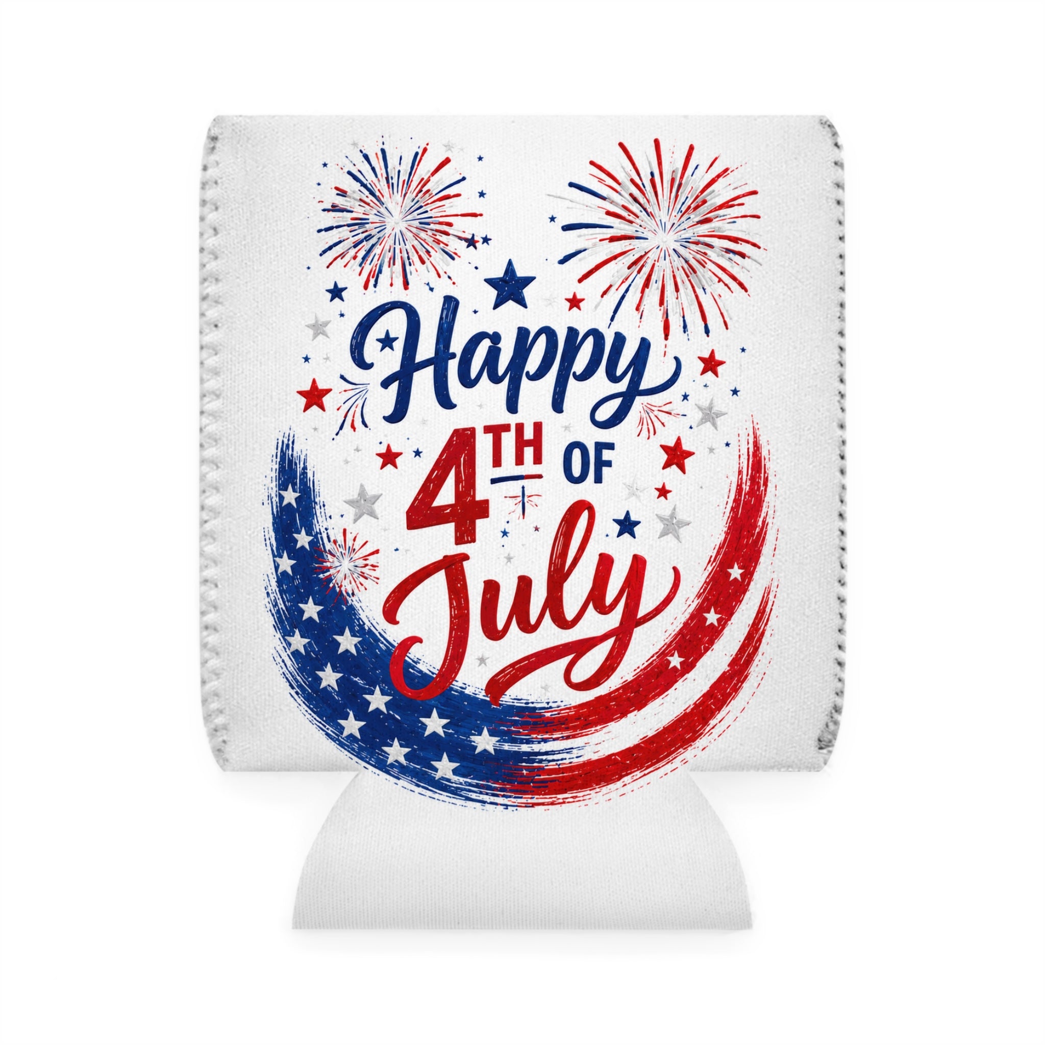 Happy 4th of July Can Cooler Sleeve - Patriotic Fireworks Koozie