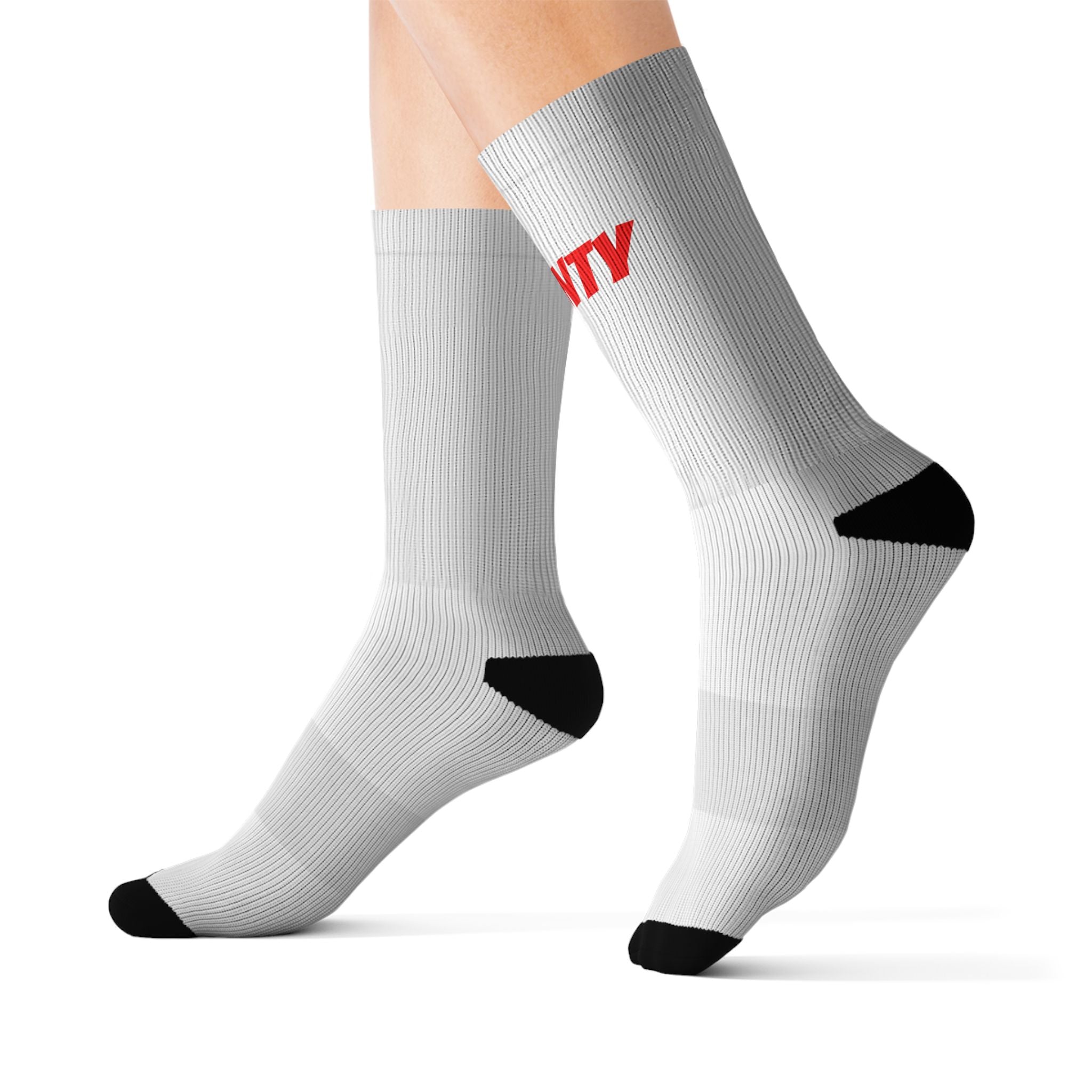 White Sublimation Crew Socks with Red "TWENTY" Text — Custom Graphic Athletic Socks