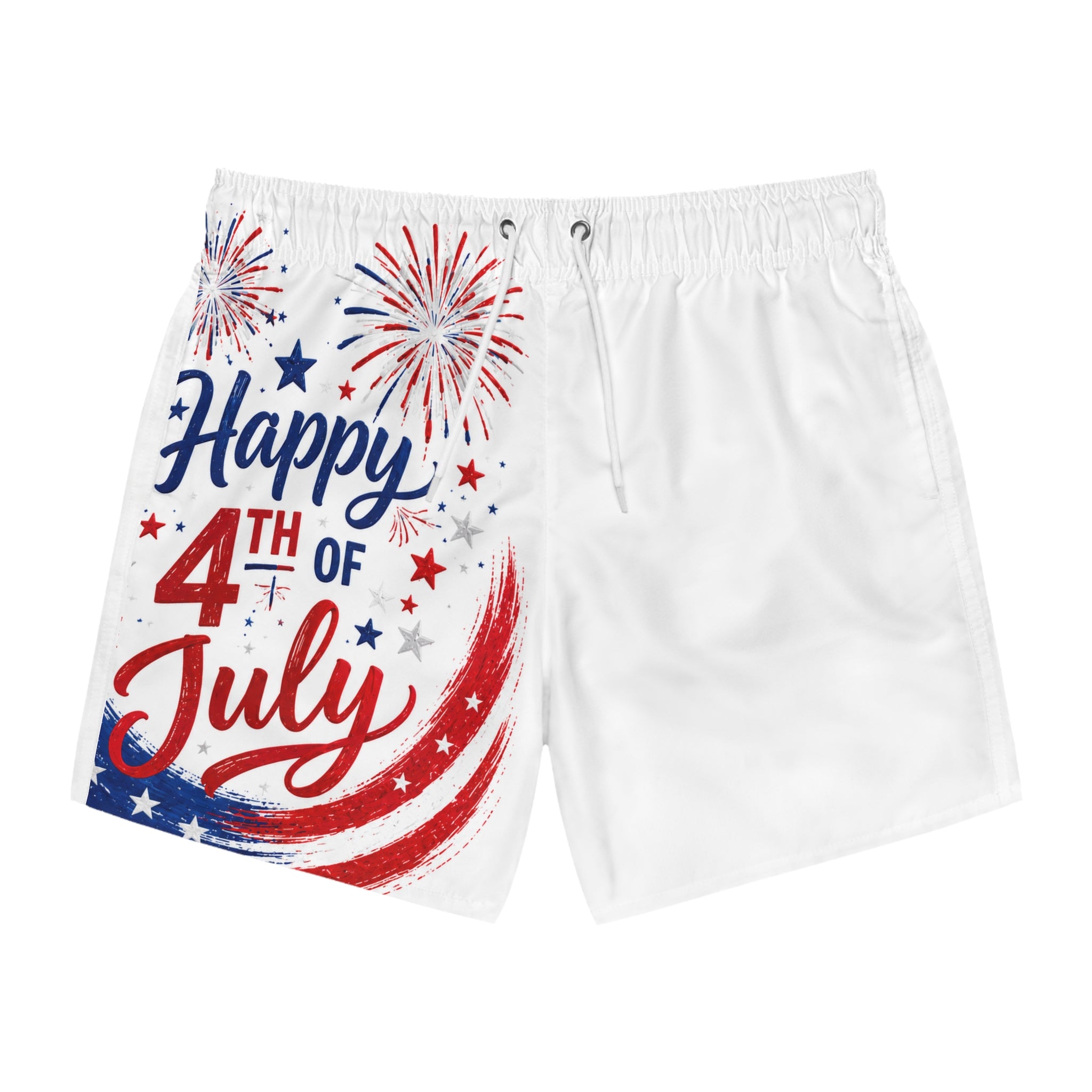 4th of July Swim Trunks — Happy 4th Patriotic American Flag Swim Shorts