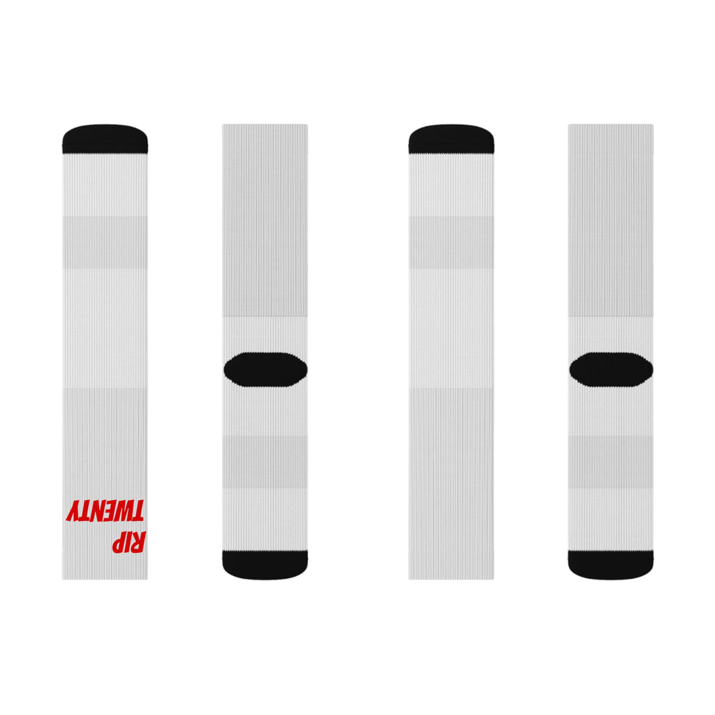 White Sublimation Crew Socks with Red "TWENTY" Text — Custom Graphic Athletic Socks