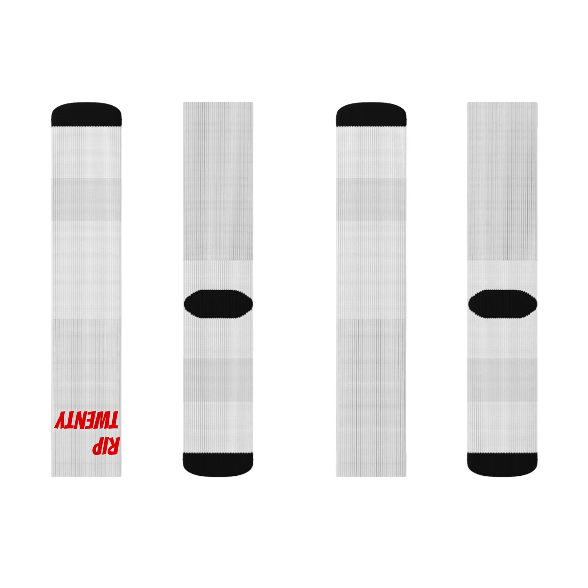 White Sublimation Crew Socks with Red "TWENTY" Text — Custom Graphic Athletic Socks
