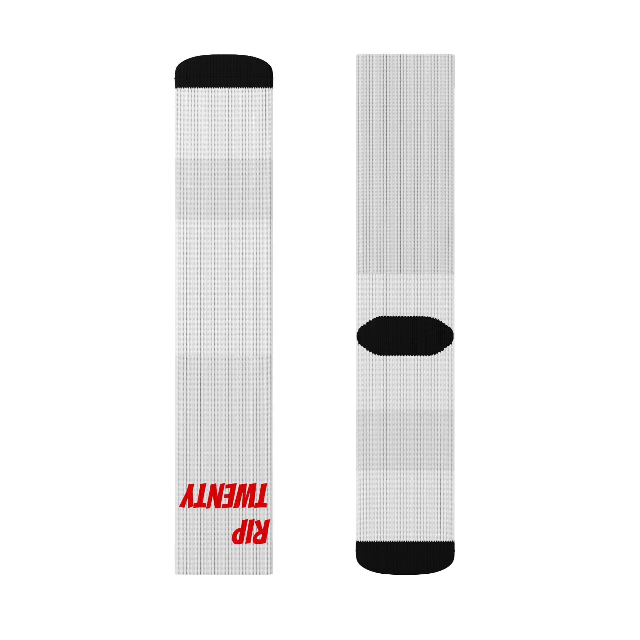 White Sublimation Crew Socks with Red "TWENTY" Text — Custom Graphic Athletic Socks