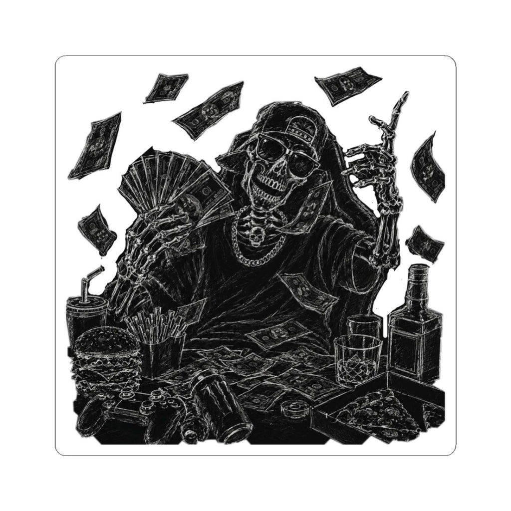Money Skull Sticker — Grim Reaper Cash Stack Kiss-Cut Vinyl Sticker