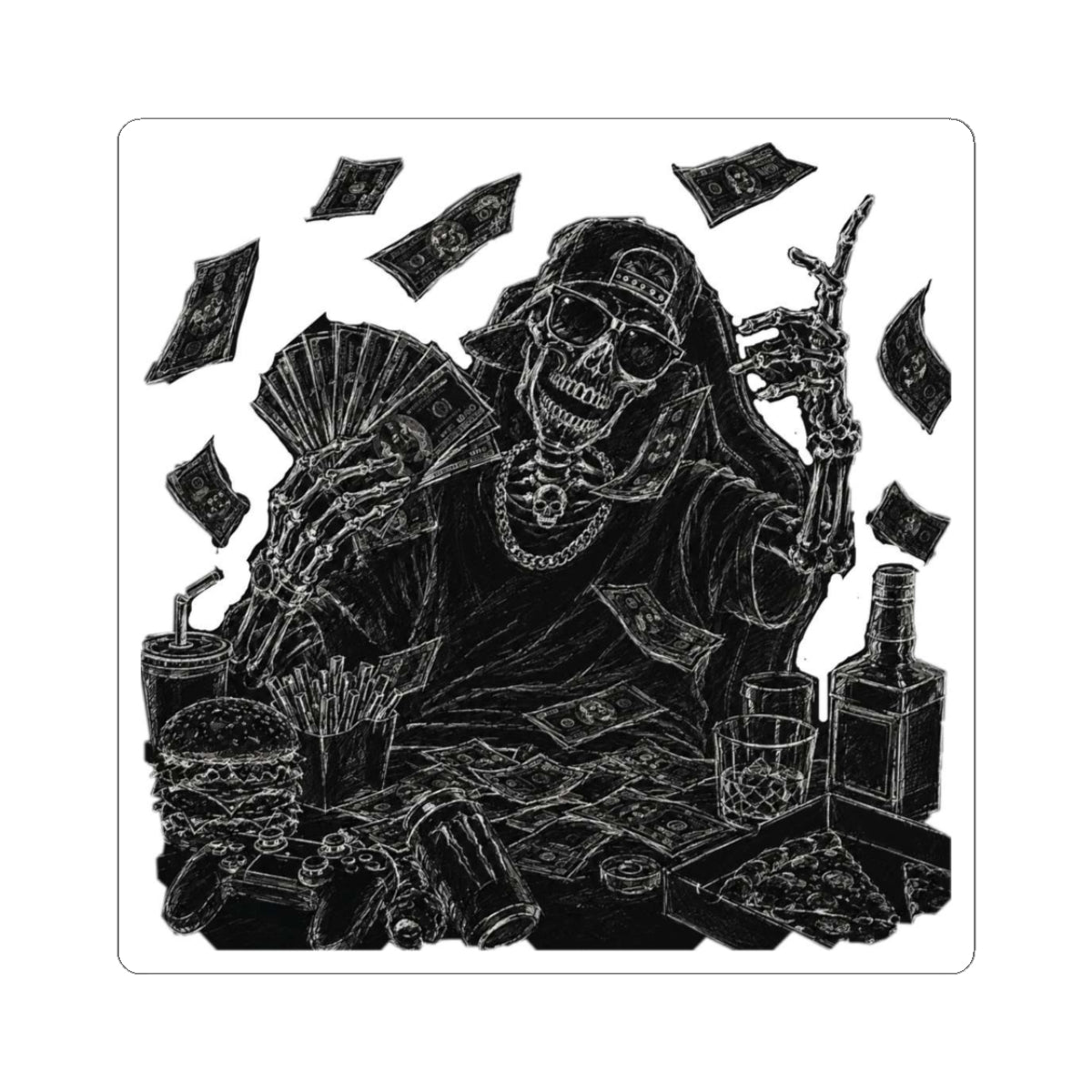 Money Skull Sticker — Grim Reaper Cash Stack Kiss-Cut Vinyl Sticker