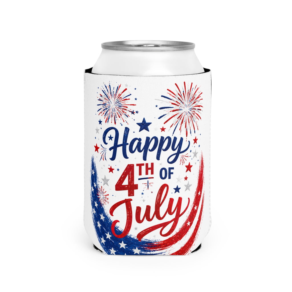 Happy 4th of July Can Cooler Sleeve - Patriotic Fireworks Koozie