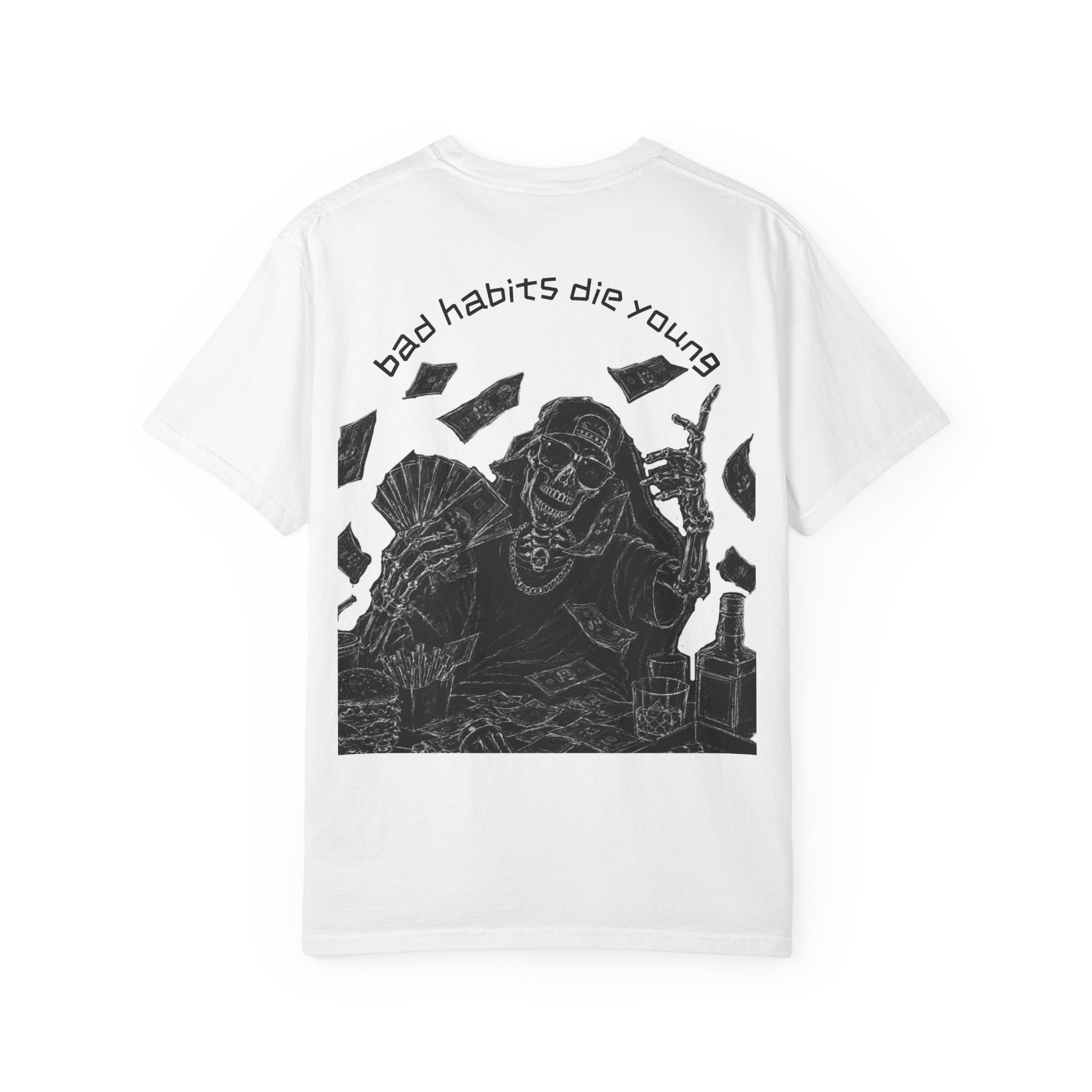 RIP Twenty Graphic T-Shirt — “Bad Habits Die Young” Skull Money Back Print