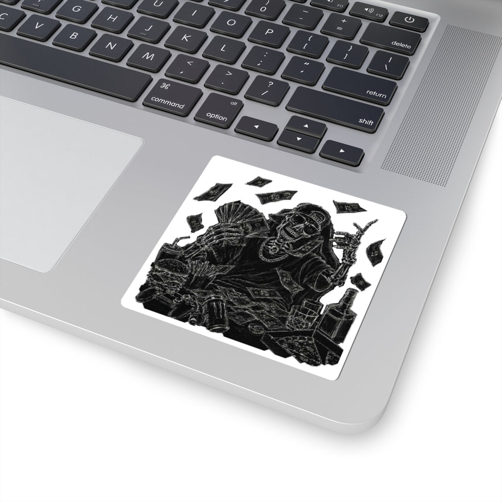 Money Skull Sticker — Grim Reaper Cash Stack Kiss-Cut Vinyl Sticker